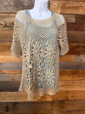 Roz & Ali Crochet  Lace Top Women's Large Sheer floral Boho Short sleeve